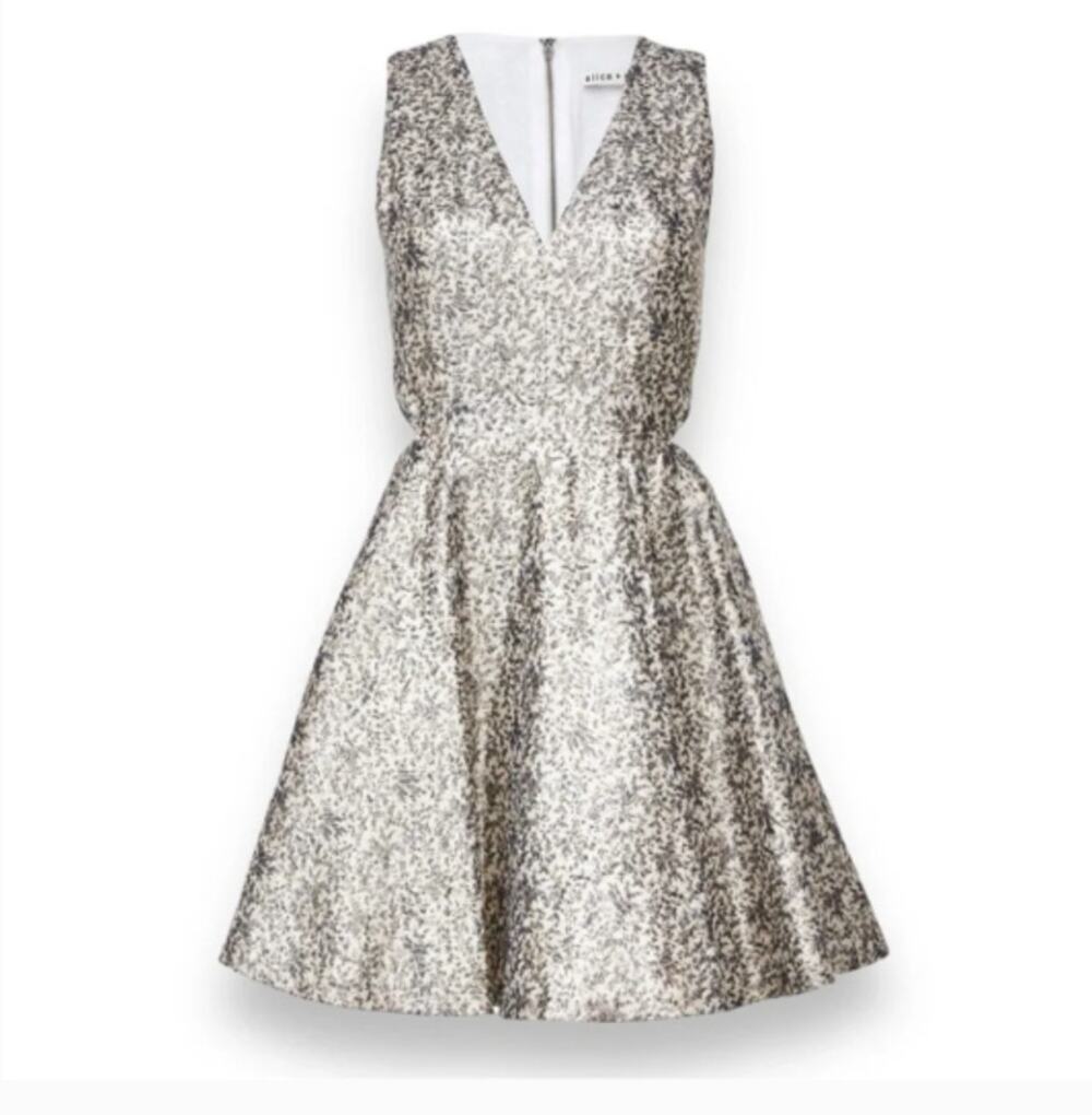 Alice Olivia Varita Metallic Silver Cutout Fit Flare Dress 0 V-Neck Mini Party